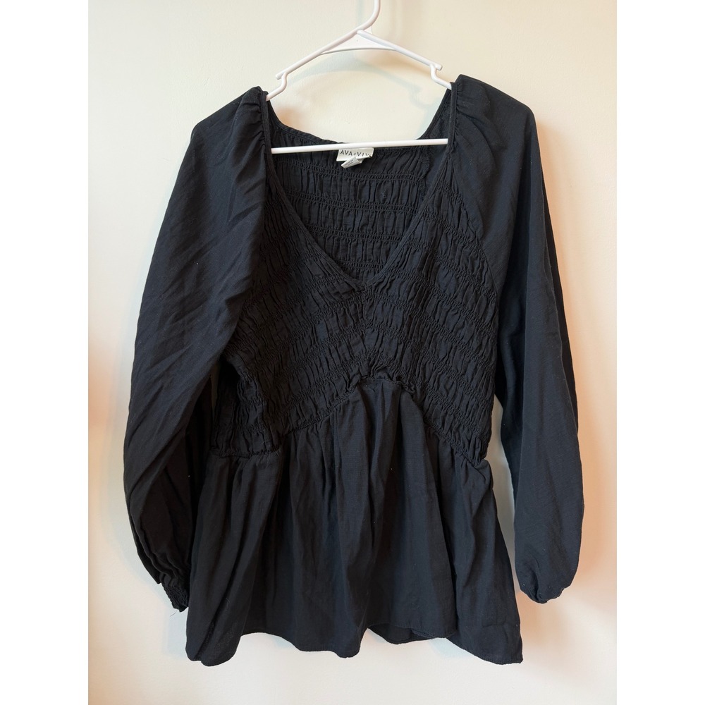 Ava & Viv Womens 1X Black Smocked V-Neck Peplum Long Sleeve Blouse Top